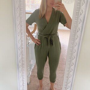 Sage Green Nursing Postpartum Breastfeeding Jumpsuit with Pockets and Belt